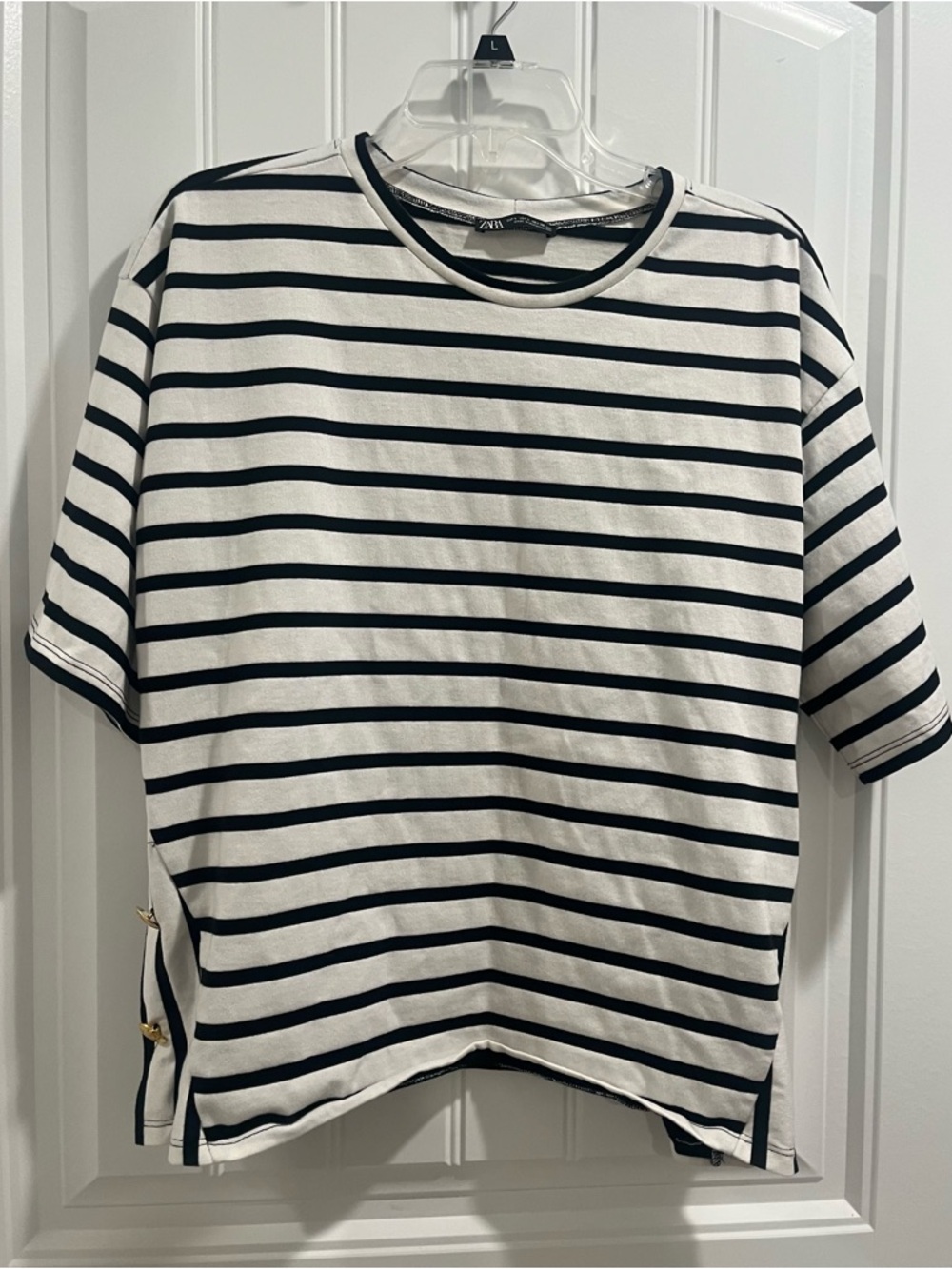Zara Striped Black and White Short Sleeve Top Size Large